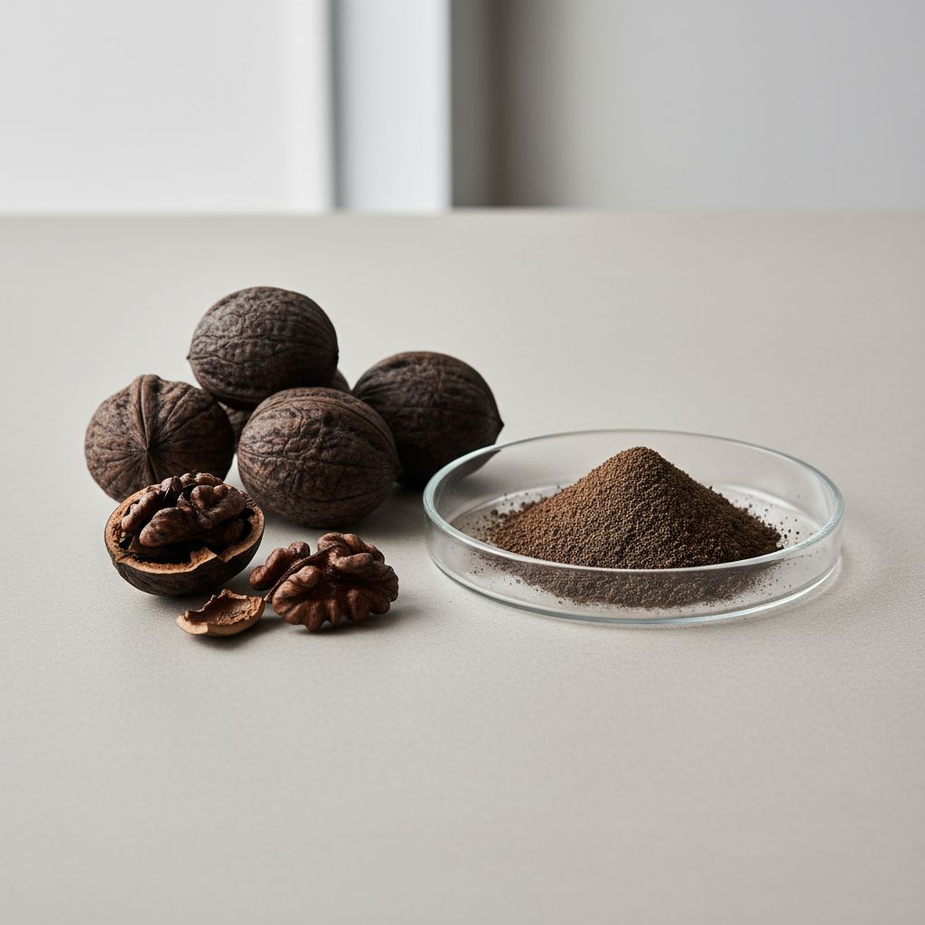 Illustrative studio sample of Black Walnut Extract beside Juglans nigra source material