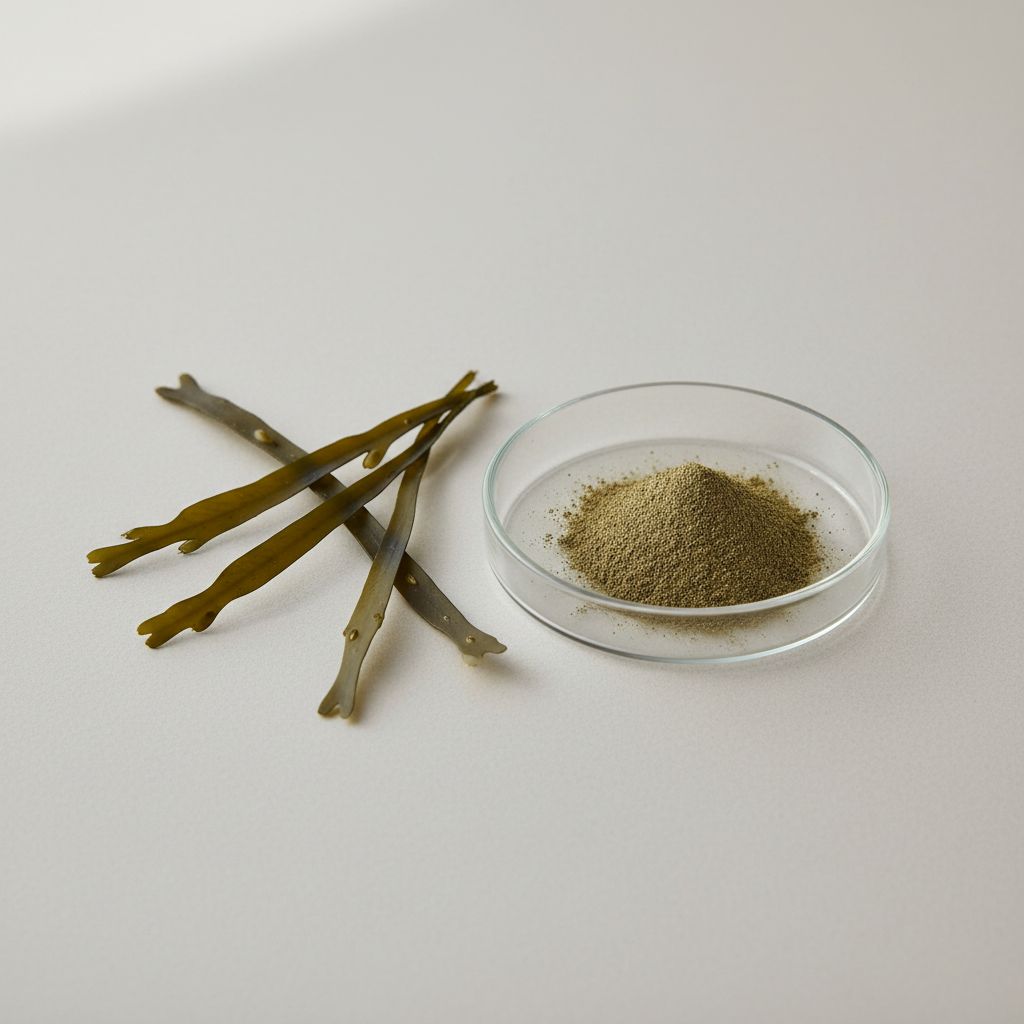 Illustrative studio sample of Bladderwrack Extract beside Fucus vesiculosus source material
