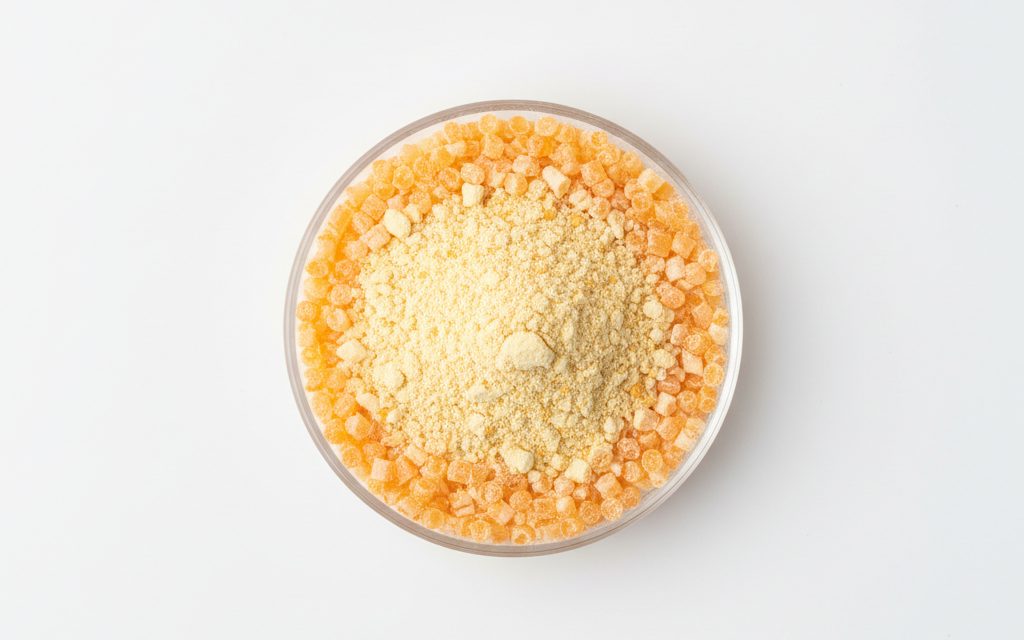 Grade confirmed at quotation — pale yellow to bright orange fine powders or masterbatch pellets that appear dry, odorless, and chemically stable, studio product photograph