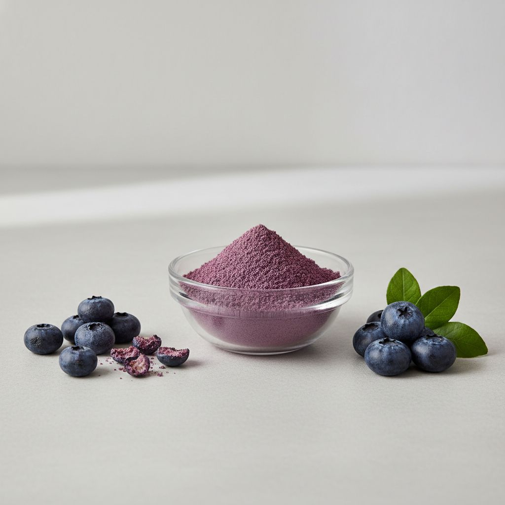 Illustrative studio sample of Blueberry Fruit Powder beside Vaccinium spp. source material