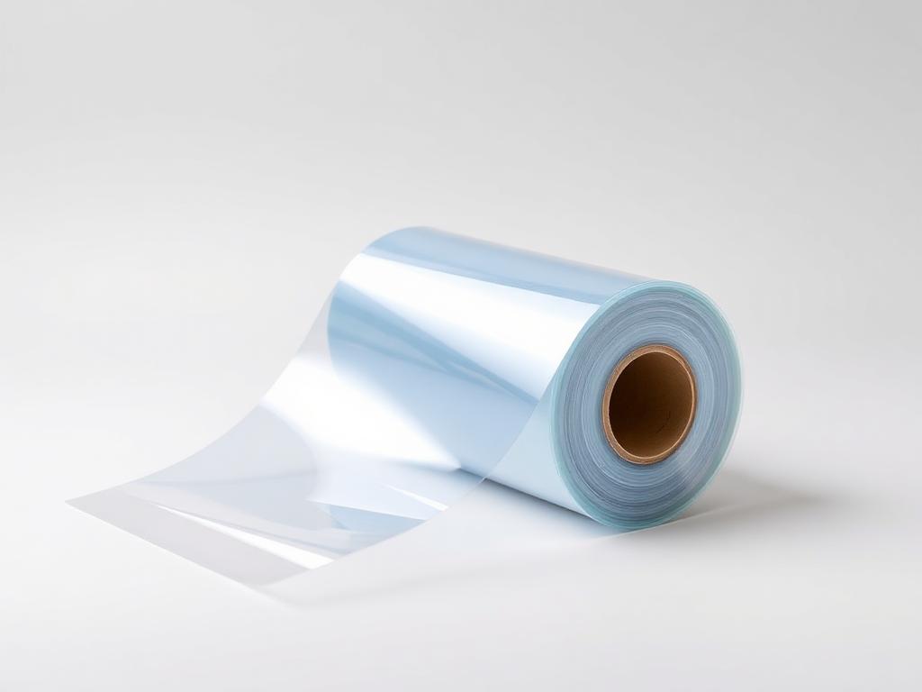 Reel of clear biaxially oriented polyester packaging film on a neutral studio background