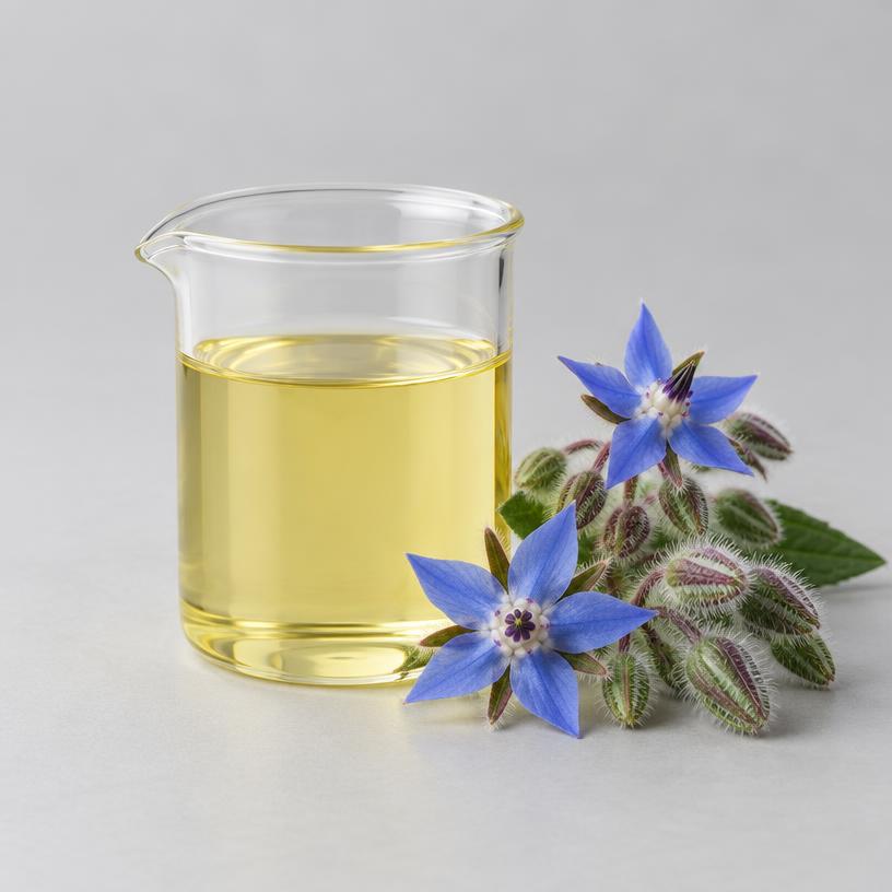 Borage Oil — Cosmetic Grade — studio photograph of pale yellow oil, presented as a B2B sourcing category illustration