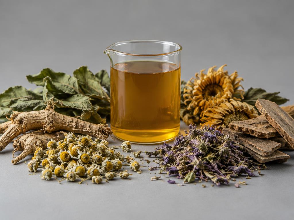 Botanical & Propolis Skin-Conditioning Blend — studio photograph of a golden brown botanical extract liquid in a glass beaker surrounded by dried plant material