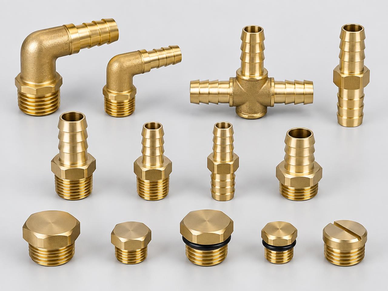 Unbranded brass hose barb fittings and cooling circuit plugs — product illustration