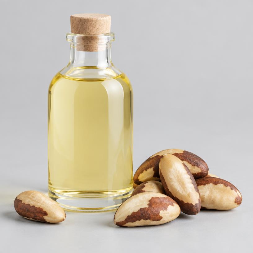 Brazil Nut Oil — Cosmetic Grade — studio photograph of pale yellow oil, presented as a B2B sourcing category illustration