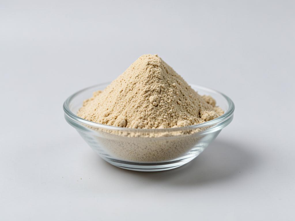 Brewer's yeast shown as a light tan fine powder heaped in a shallow glass dish in a neutral studio photograph