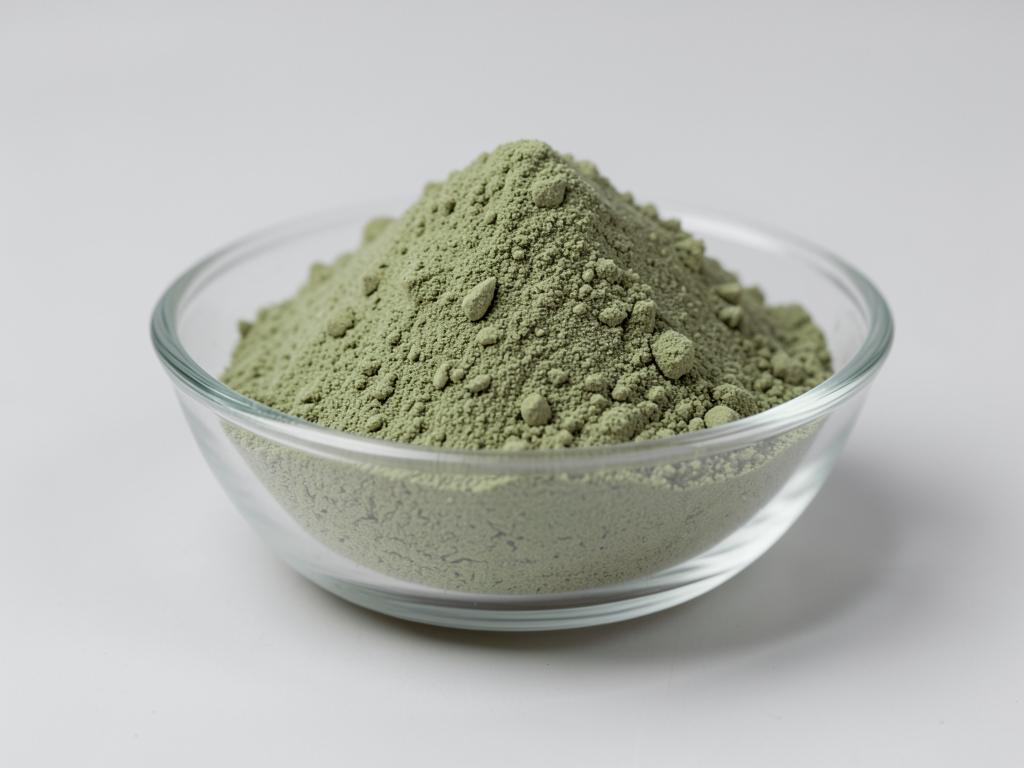 Broccoli Powder shown as a fine dried fruit or vegetable powder in a shallow dish in a neutral studio photograph