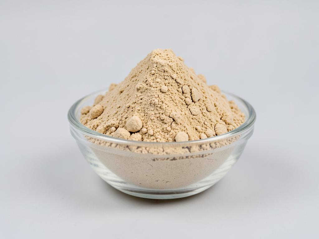 Brown Rice Protein Powder shown as a fine free-flowing food powder in a shallow dish in a neutral studio photograph