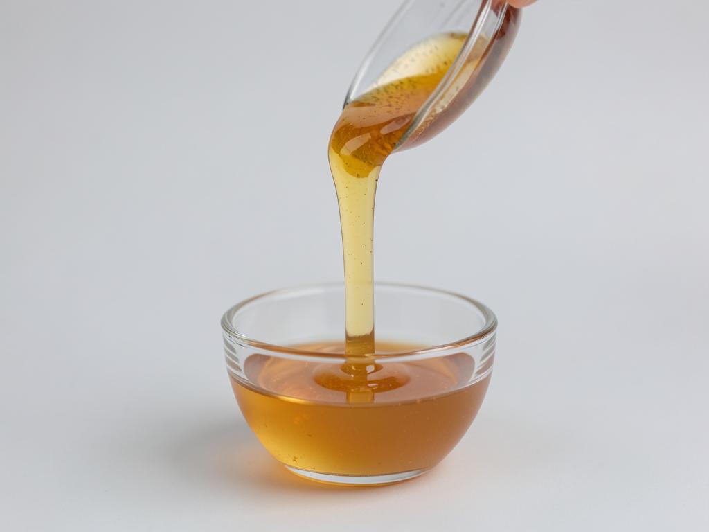 Brown rice syrup shown as a thick amber syrup pouring slowly into a glass dish in a neutral studio photograph
