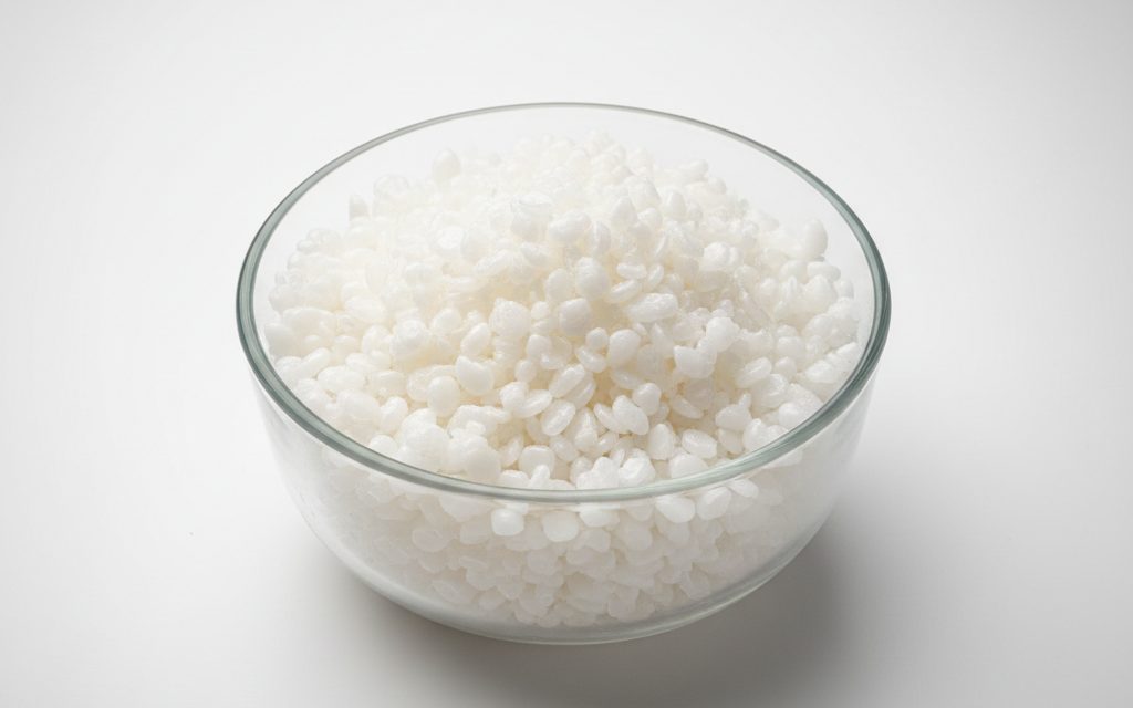 Grade confirmed at quotation — white, waxy, small beads or flakes that feel slippery when rubbed between fingers, studio product photograph