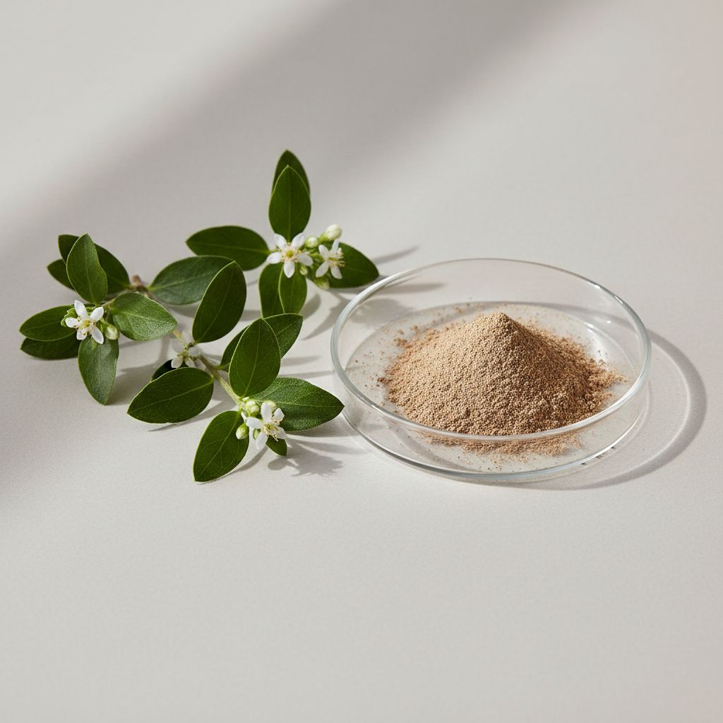 Illustrative studio sample of Buchu Leaf Extract beside Agathosma betulina source material
