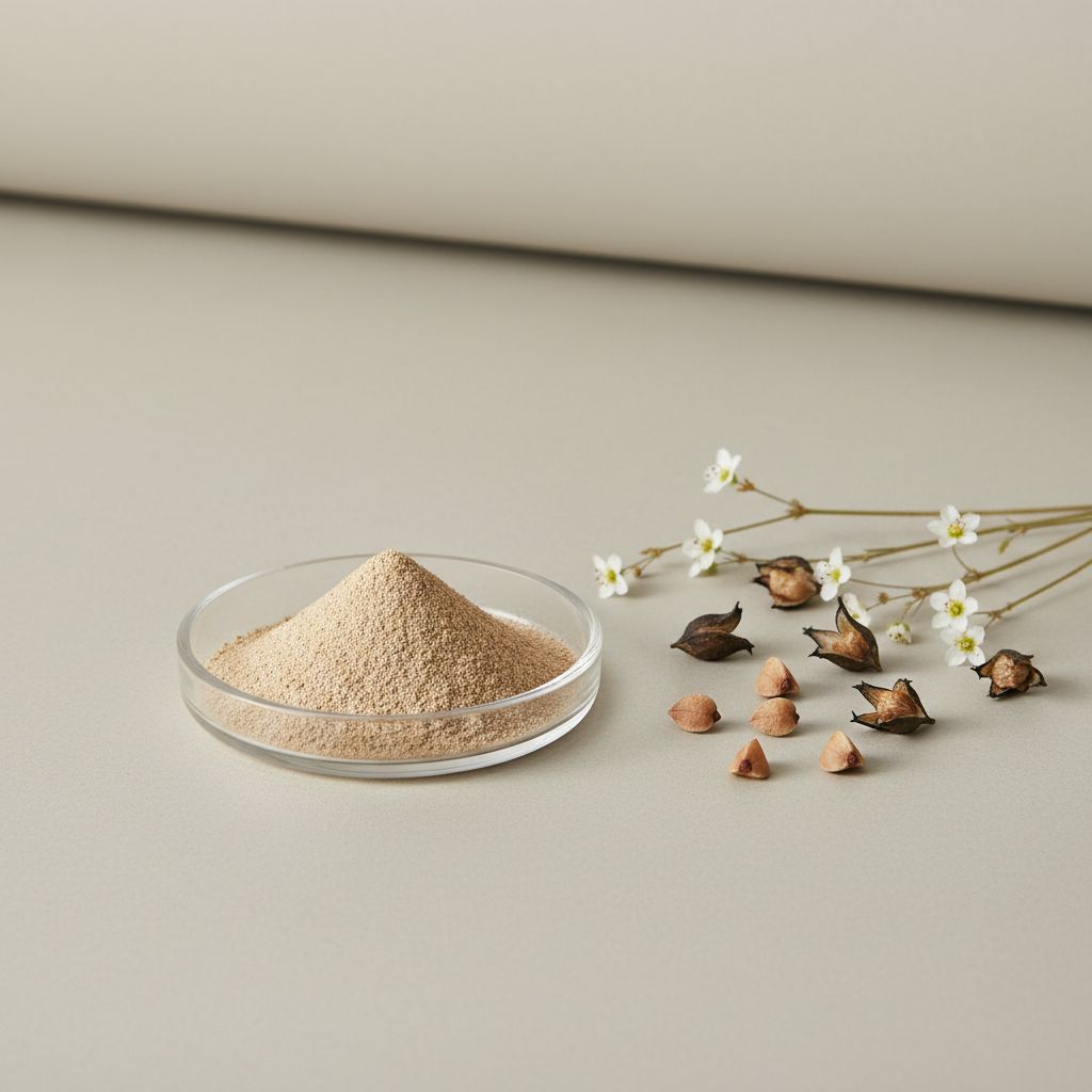 Illustrative studio sample of Buckwheat Powder beside Fagopyrum esculentum source material