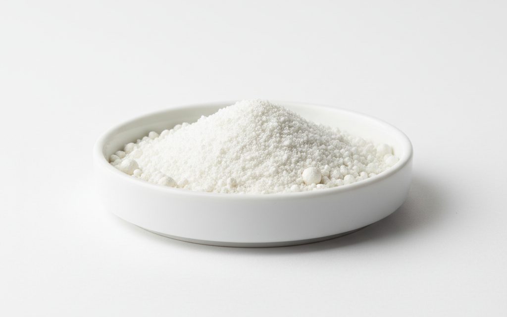 Grade confirmed at quotation — free-flowing white to off-white mineral powder or synthetic beads with a dry, non-viscous physical profile, studio product photograph