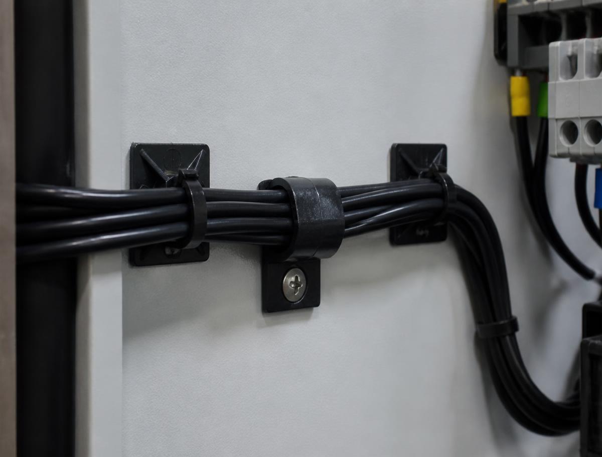 Bundled black cables routed along a control panel wall, held by adhesive tie mounting bases and a screw-fixed saddle clamp