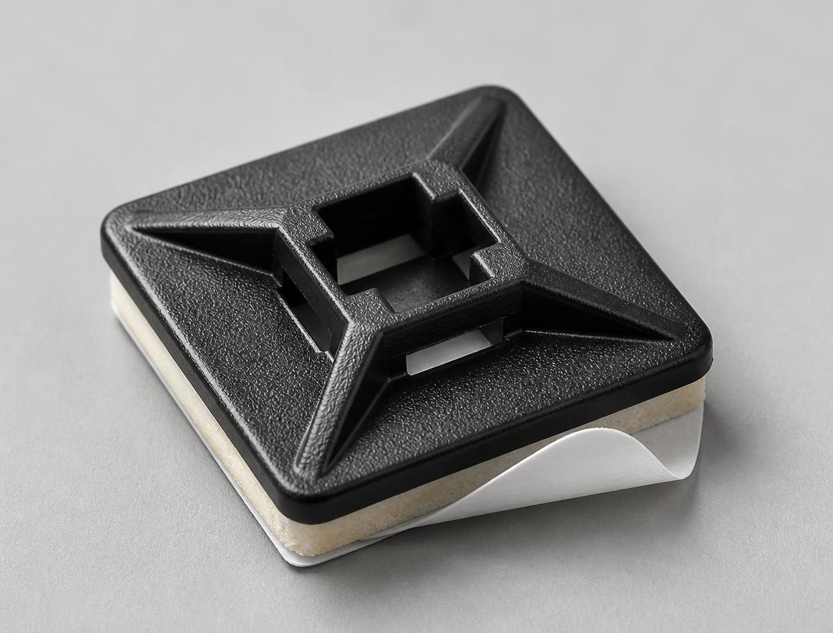 Single black nylon cable tie mounting base tilted to show the four-way tie slot and the adhesive pad with its backing partly peeled