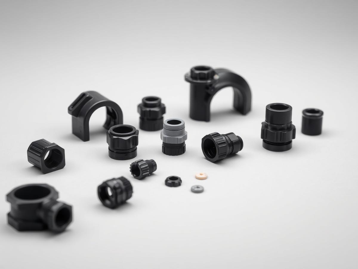 Black nylon cable glands, cord grips and bushings — product illustration
