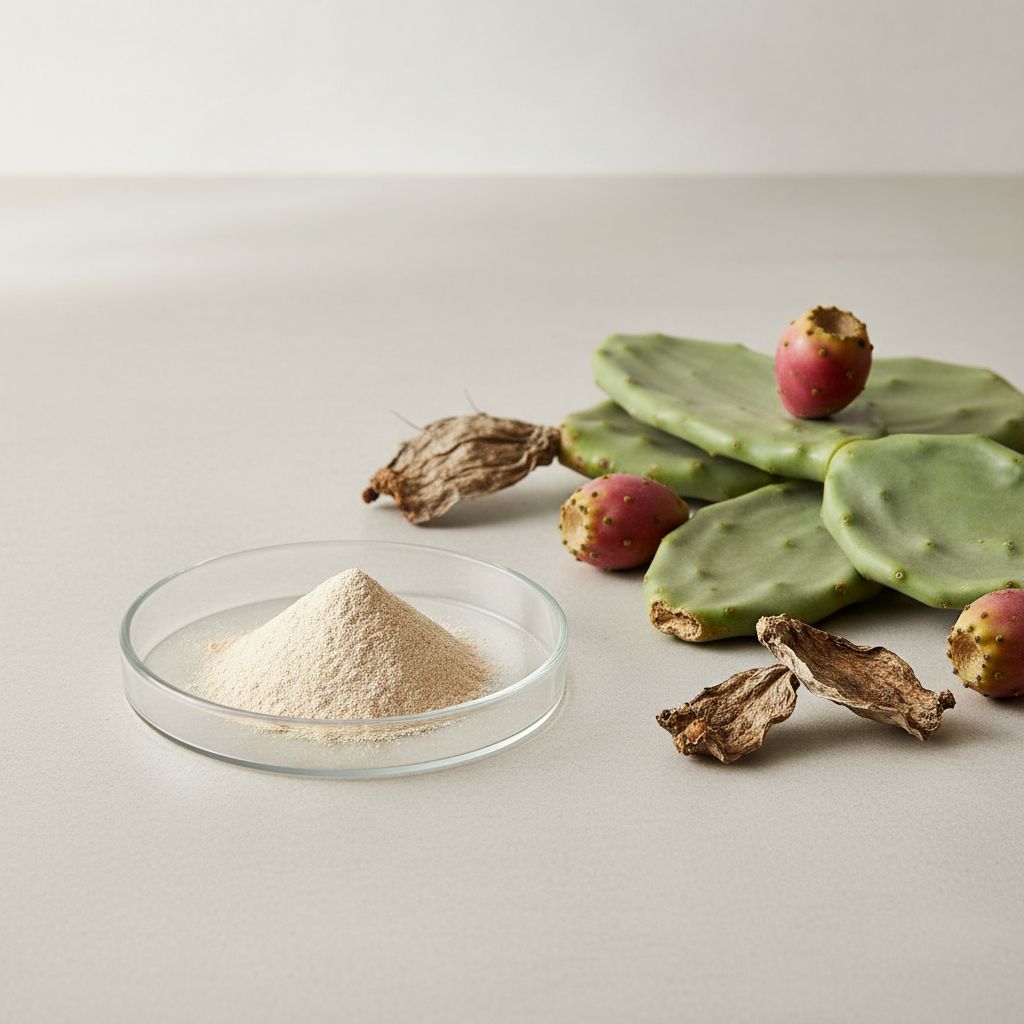 Illustrative studio sample of Cactus (Opuntia) Extract beside Opuntia spp. source material