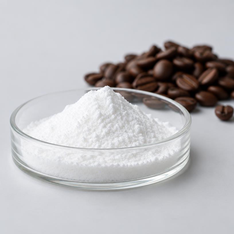 Caffeine Anhydrous — Supplement Grade — studio photograph of white crystalline powder, presented as a B2B sourcing category illustration