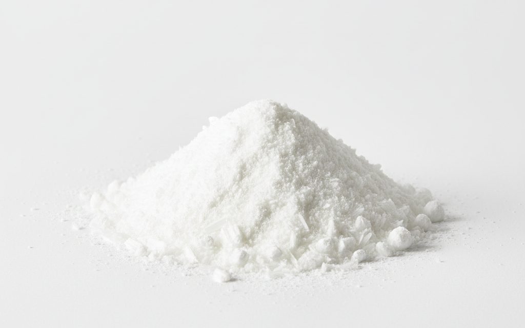 Grade confirmed at quotation — white crystalline powder or silky needles, odorless with a bitter taste, exhibiting a lightweight and fluffy physical profile, studio product photograph