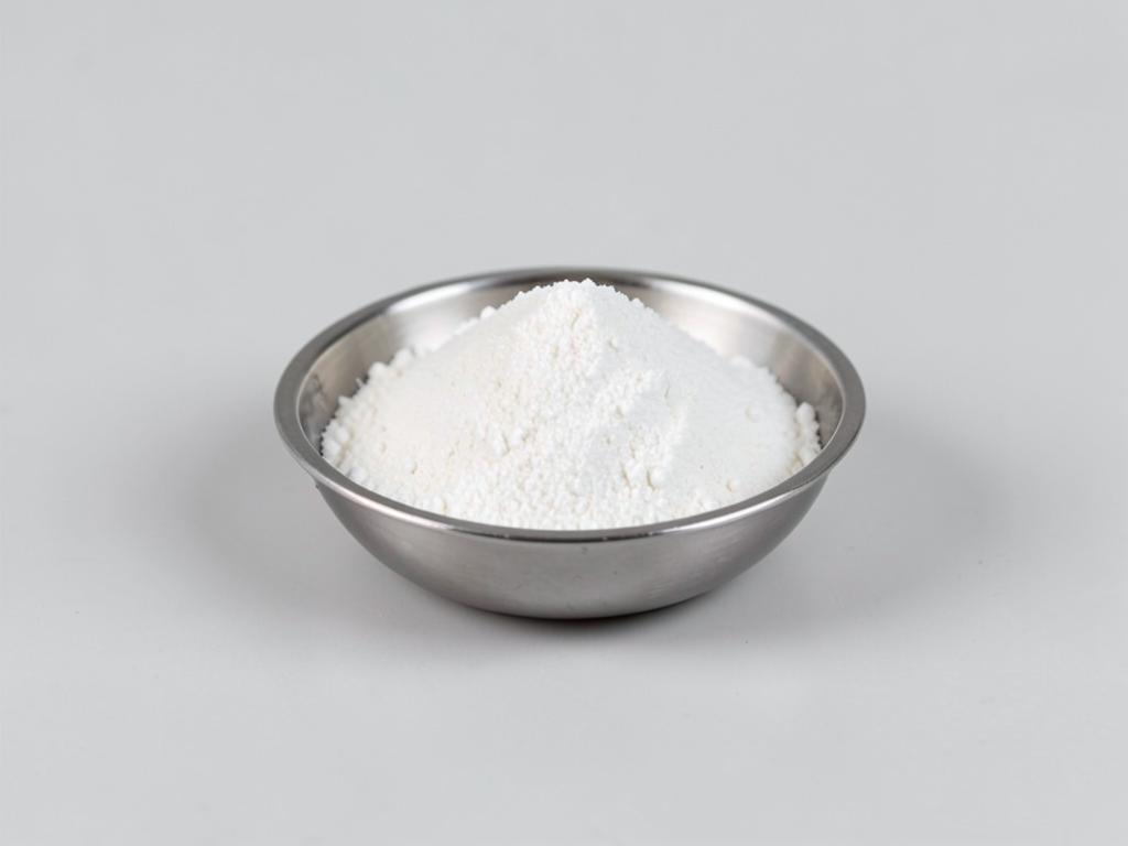 Calcium acetate shown as a light white granular powder in a small dish in a neutral studio photograph