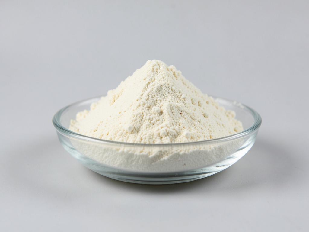 Calcium ascorbate shown as an off-white fine powder mound in a shallow glass dish in a neutral studio photograph