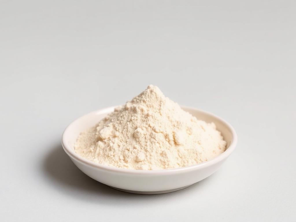 Fine cream-beige calcium bentonite clay powder heaped in a shallow white ceramic dish on a neutral grey studio background