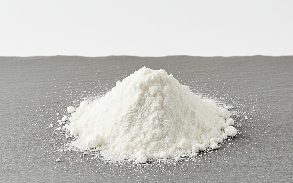 Calcium Butyrate — white to off-white crystalline powder with a strong, characteristic butyric odor, appearing as a dry, flowable solid, studio product photograph