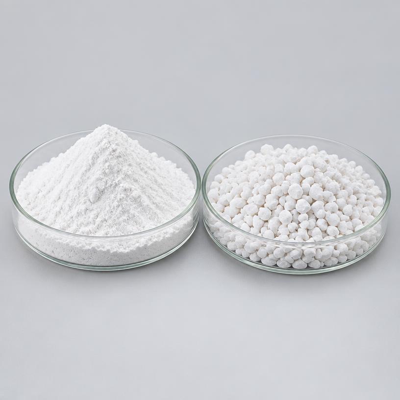 Calcium Carbonate — Food & Nutraceutical Grade — studio photograph of white powder or granulate, presented as a B2B sourcing category illustration