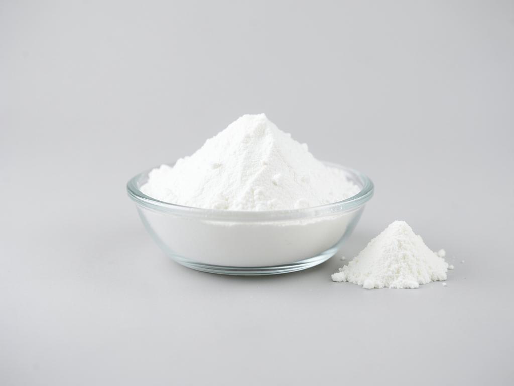 Calcium citrate shown as a fine bright white powder in a shallow glass dish in a neutral studio photograph