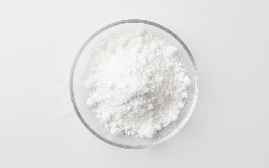 Calcium D-Pantothenate — white, slightly hygroscopic powder appearing as fine, fluffy, or granular particles that are easily dispersed in a beaker, studio product photograph