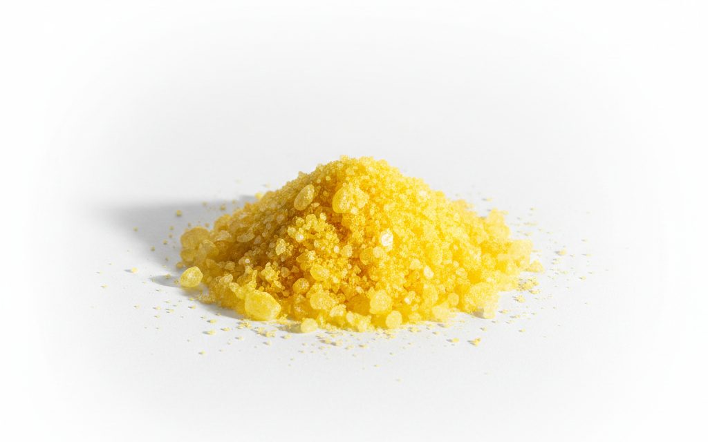 Grade confirmed at quotation — yellow crystalline solid or fine yellow powder that remains stable in air and dissolves readily in water for industrial applications, studio product photograph