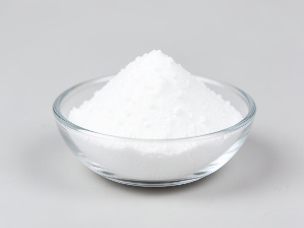 Calcium HMB shown as a fine crystalline powder in a shallow dish in a neutral studio photograph