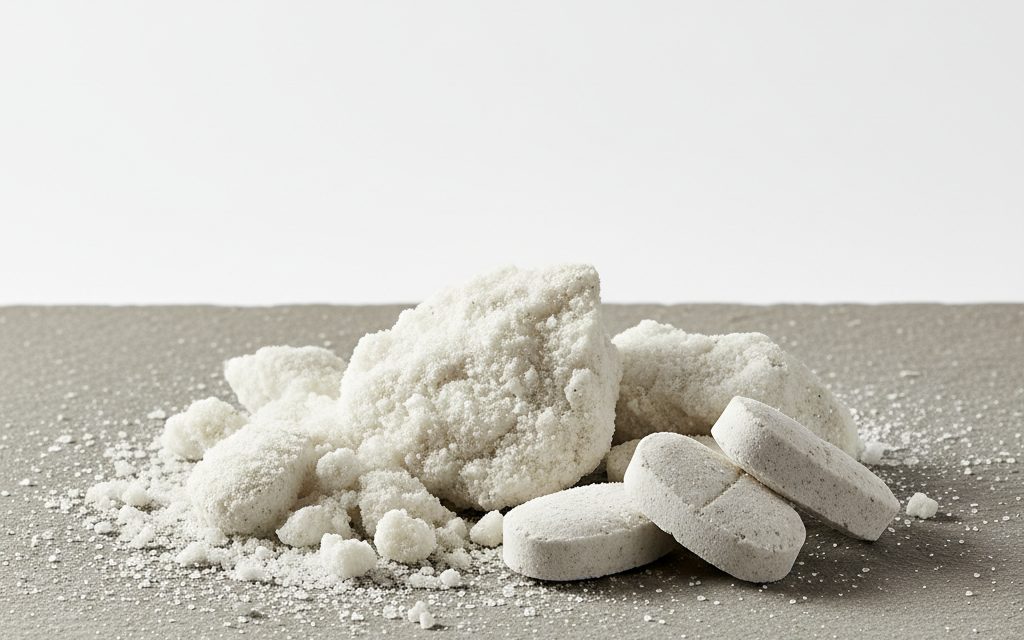 Grade confirmed at quotation — white to greyish-white granular solid or compressed tablets possessing a strong, pungent chlorine odor and high oxidizing potential, studio product photograph