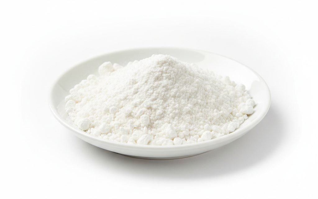 Calcium Iodate — white to off-white crystalline powder or granular solid, appearing as a heavy, dry, and stable inorganic material, studio product photograph