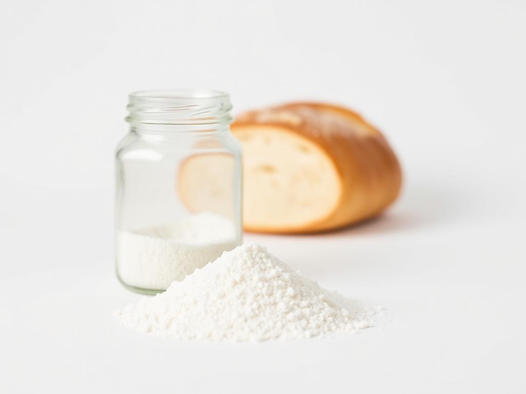 White crystalline calcium propionate powder beside a plain glass jar with a bread roll behind — studio category illustration