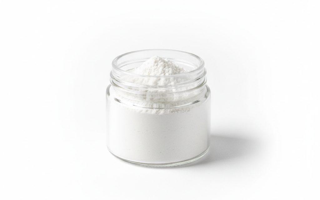 Grade confirmed at quotation — white to off-white free-flowing powder, odorless and tasteless, featuring high liquid absorption capacity and a dry feel, studio product photograph