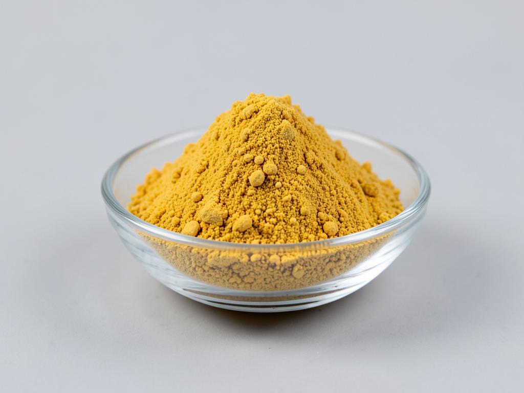 Calendula Flower Powder shown as a dried milled botanical powder in a shallow dish in a neutral studio photograph