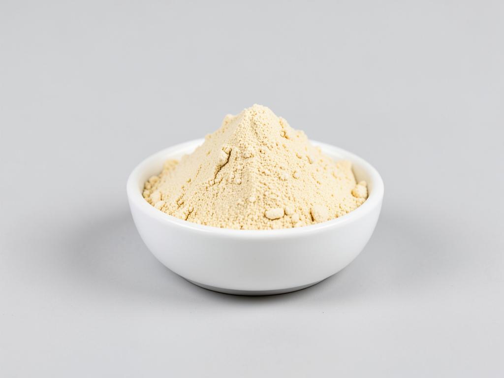 Canola protein isolate shown as a fine pale cream powder heap in a neutral studio photograph