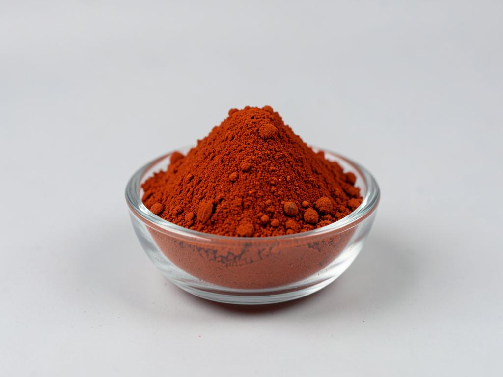Canthaxanthin shown as a deep orange-red fine powder heaped in a small glass dish in a neutral studio photograph