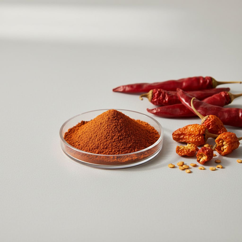 Illustrative studio sample of Capsicum Extract beside Capsicum spp. source material