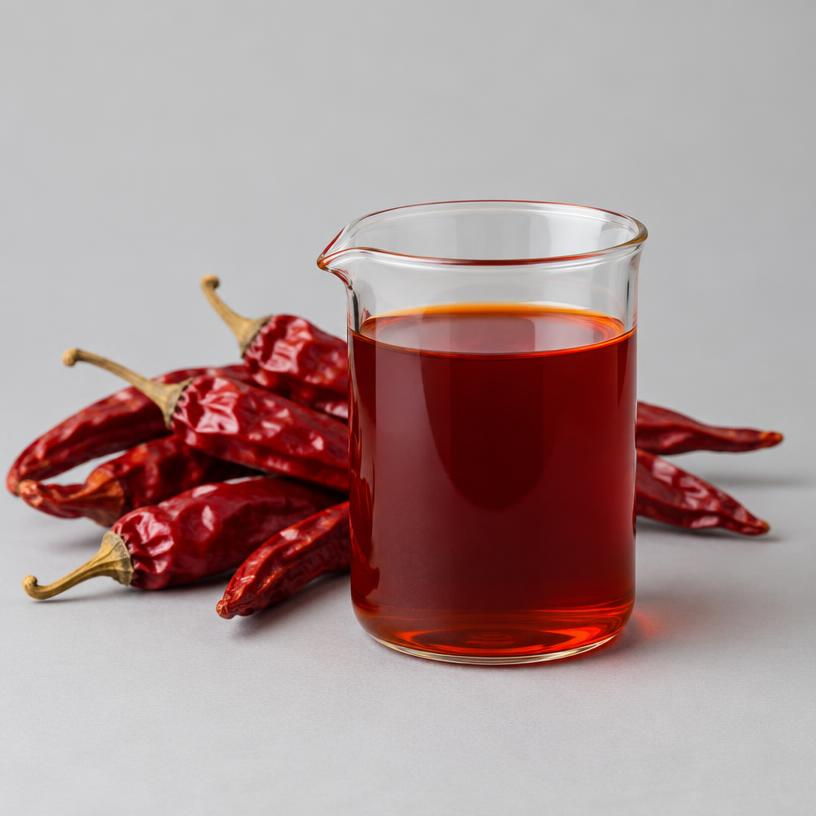 Capsicum Liquid Extract — Food & Flavour Grade — studio photograph of clear to pale mobile oil, presented as a B2B sourcing category illustration