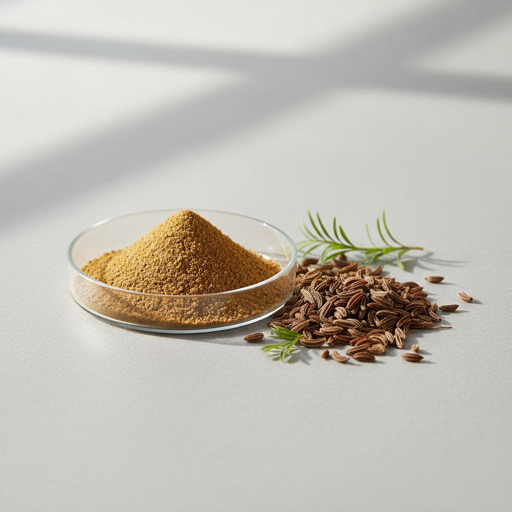 Illustrative studio sample of Caraway Extract beside Carum carvi source material