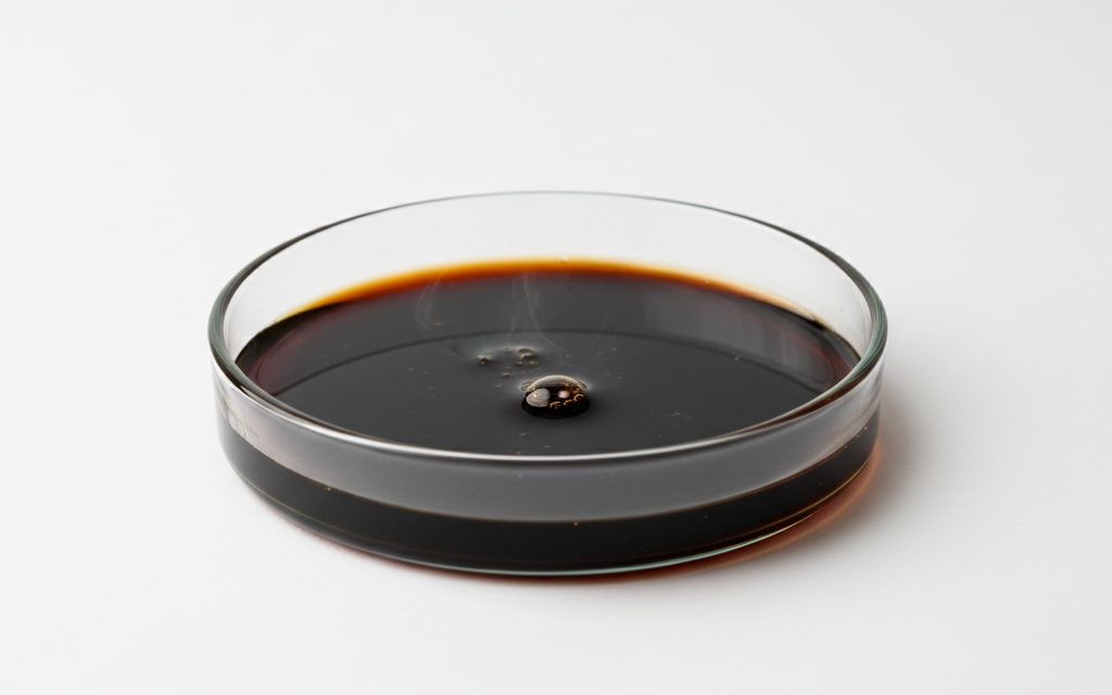 Grade confirmed at quotation — dark brown or black heavy-duty solvent liquid, possessing a pungent odor and aggressive chemical profile to dissolve baked-on carbonized residues, studio product photograph