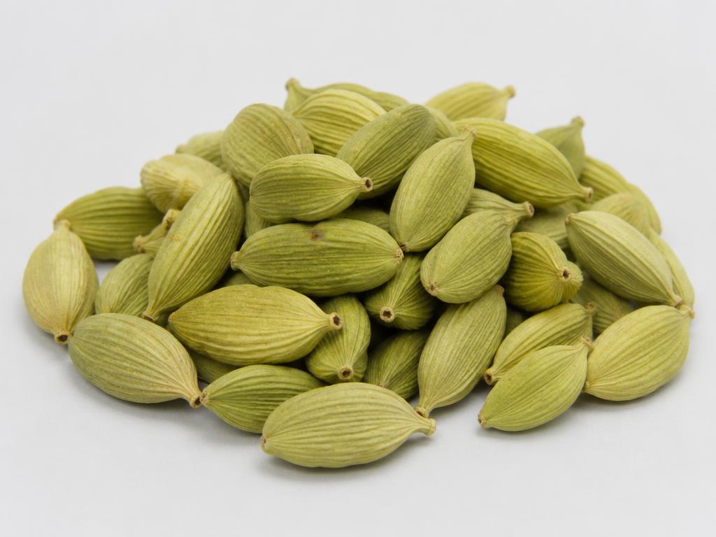 Cardamom shown as a neutral studio product photograph of the bulk material