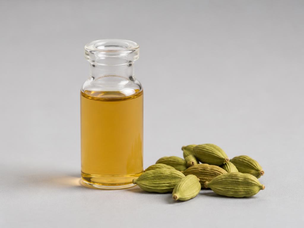 Cardamom Essential Oil — studio photograph of the clear pale amber volatile aromatic oil in a laboratory vial beside green cardamom pods