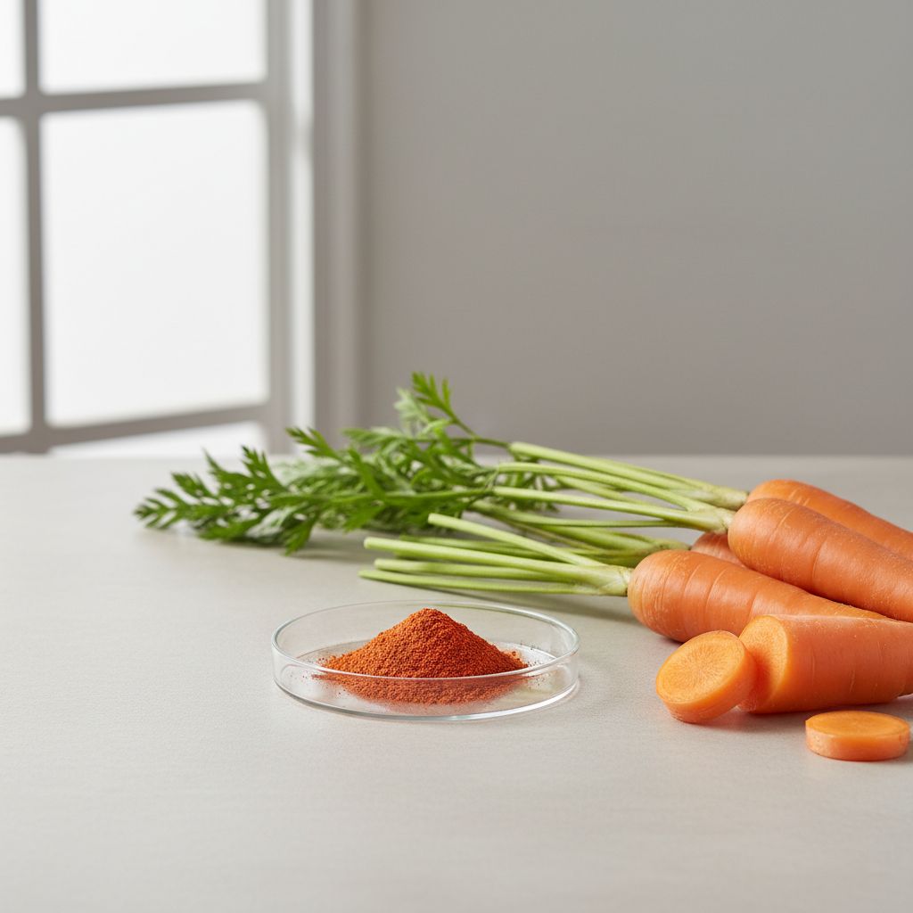 Illustrative studio sample of Carrot Extract (Beta-Carotene) beside Daucus carota source material