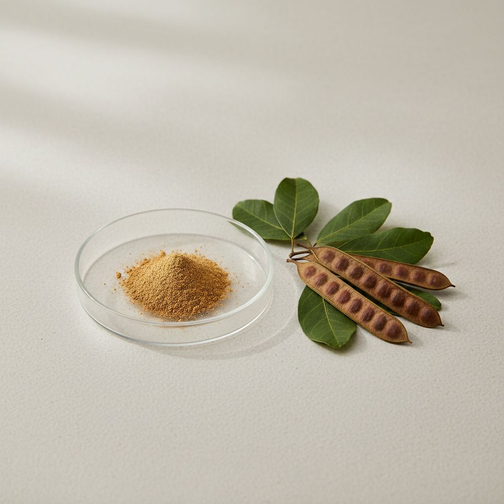 Illustrative studio sample of Cassia Seed Extract beside Senna obtusifolia source material
