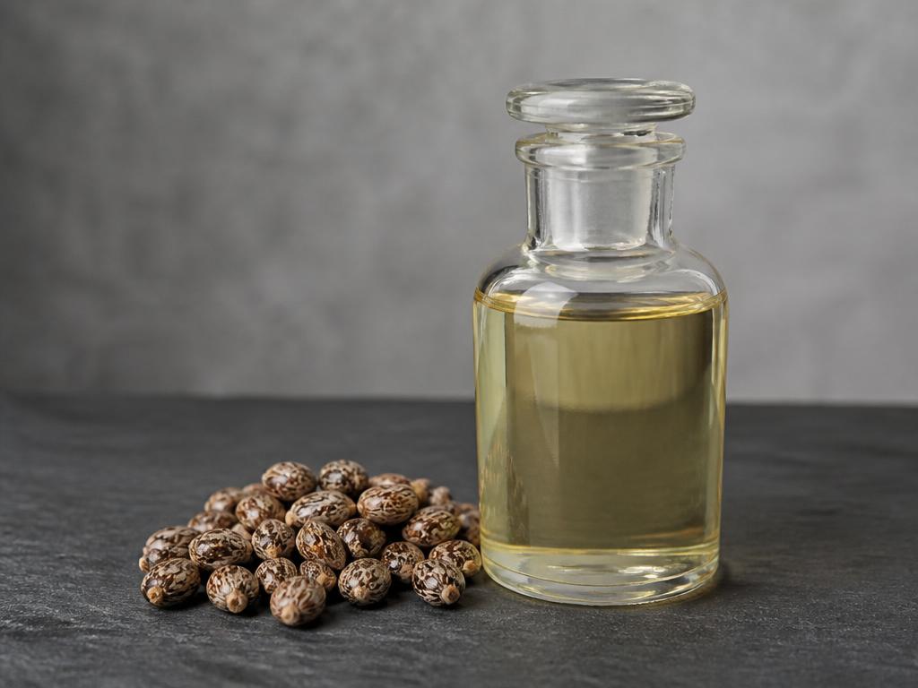 Pale golden viscous castor oil in a clear glass bottle beside castor beans on a dark wooden studio surface