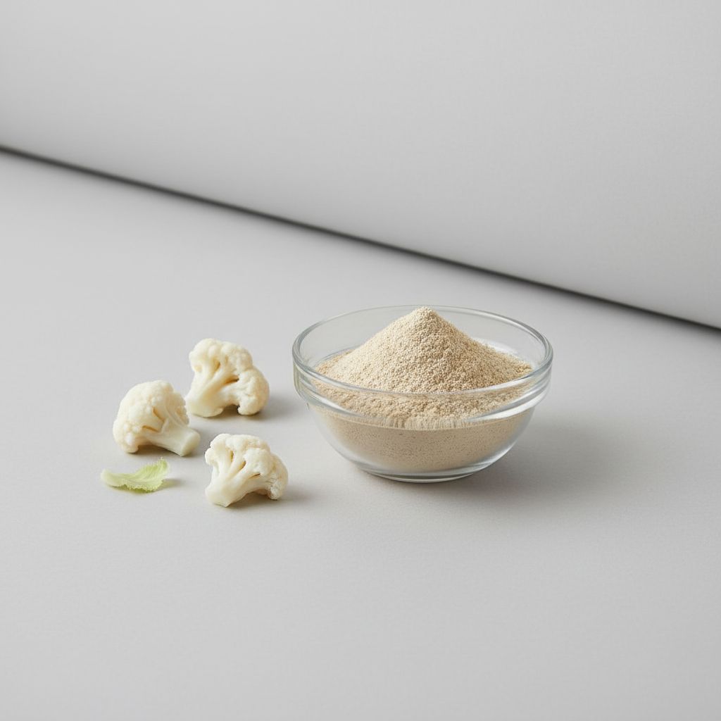 Illustrative studio sample of Cauliflower Powder beside Brassica oleracea var. botrytis source material