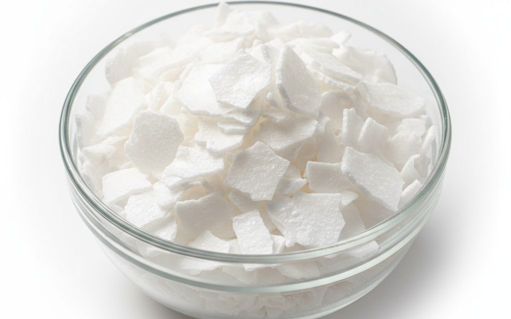 Caustic Soda Flakes 99% — white, translucent flat brittle flakes that are highly hygroscopic and feel slippery or soapy when exposed to moisture, studio product photograph